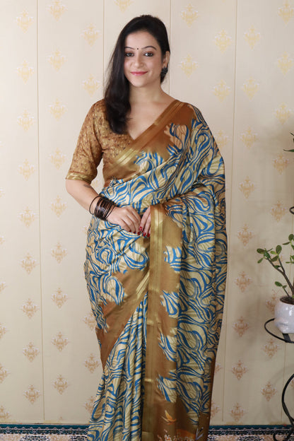 Gold Soft Tussar Silk Abstract Printed Zari Woven Saree Tussar Saree Tussar Saree Anant Tex Exports Pvt.Ltd..