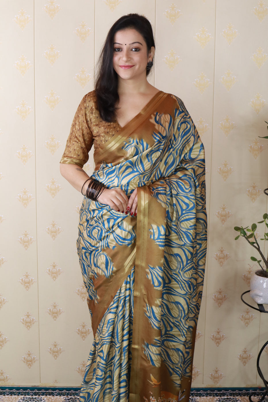 Gold Soft Tussar Silk Abstract Printed Zari Woven Saree Tussar Saree