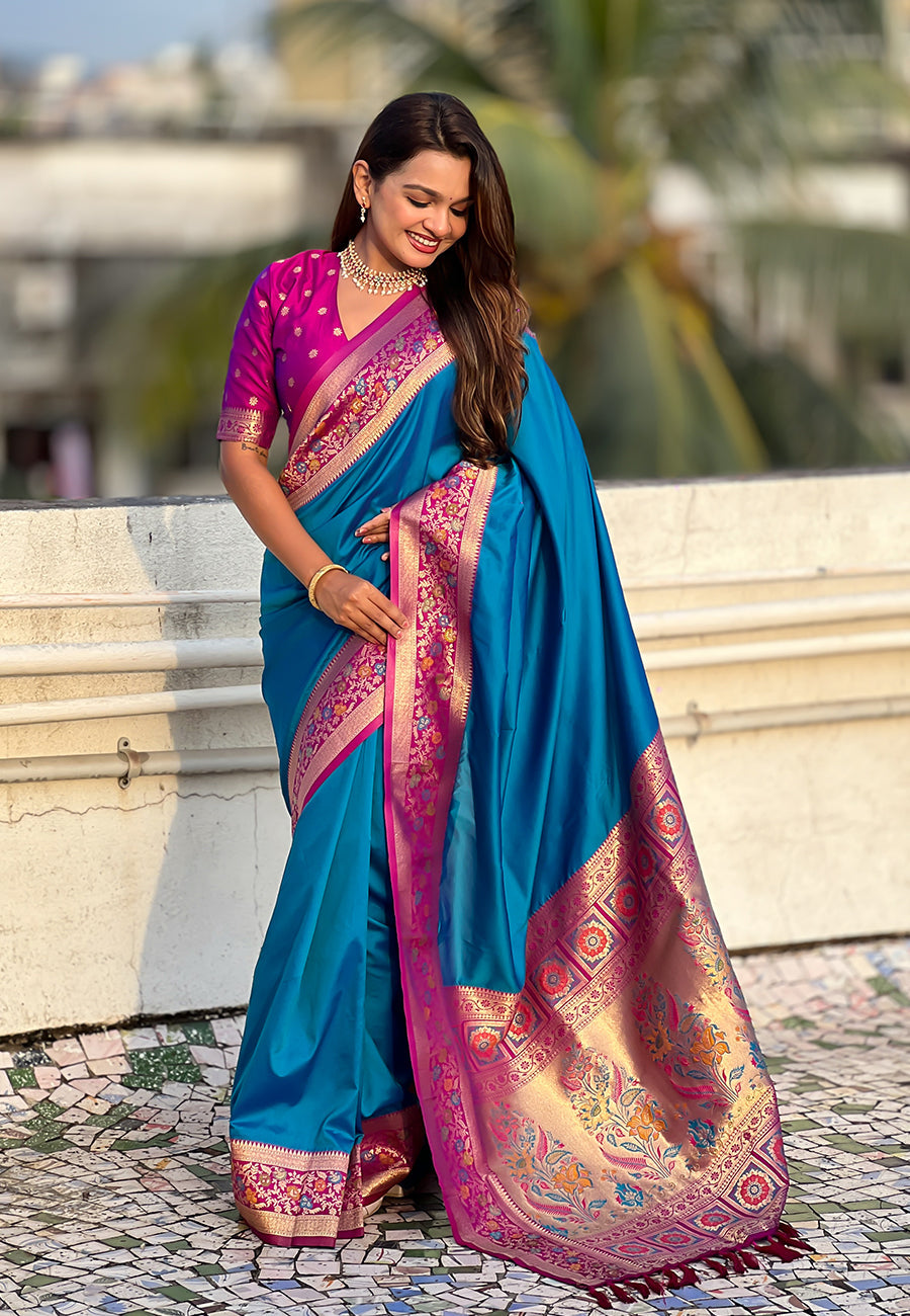Blue Pure Gala Silk Paithani Pallu Kadiyal Zari Soft Silk Saree 