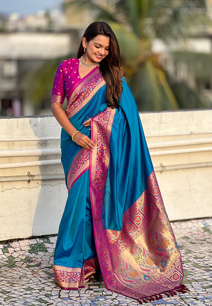 Blue Pure Gala Silk Paithani Pallu Kadiyal Zari Soft Silk Saree 