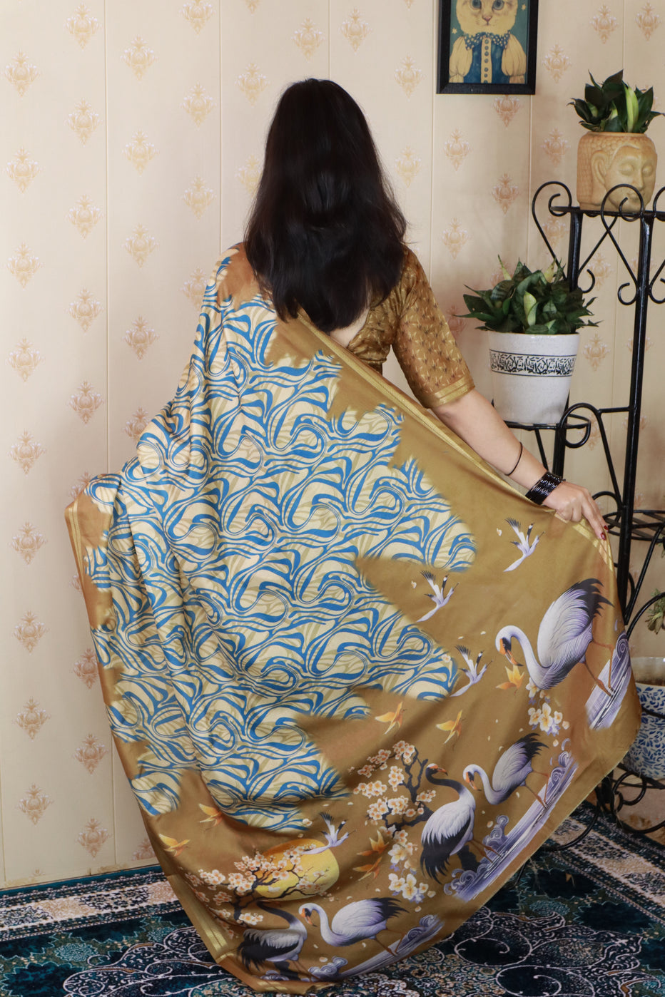 Gold Soft Tussar Silk Abstract Printed Zari Woven Saree Tussar Saree