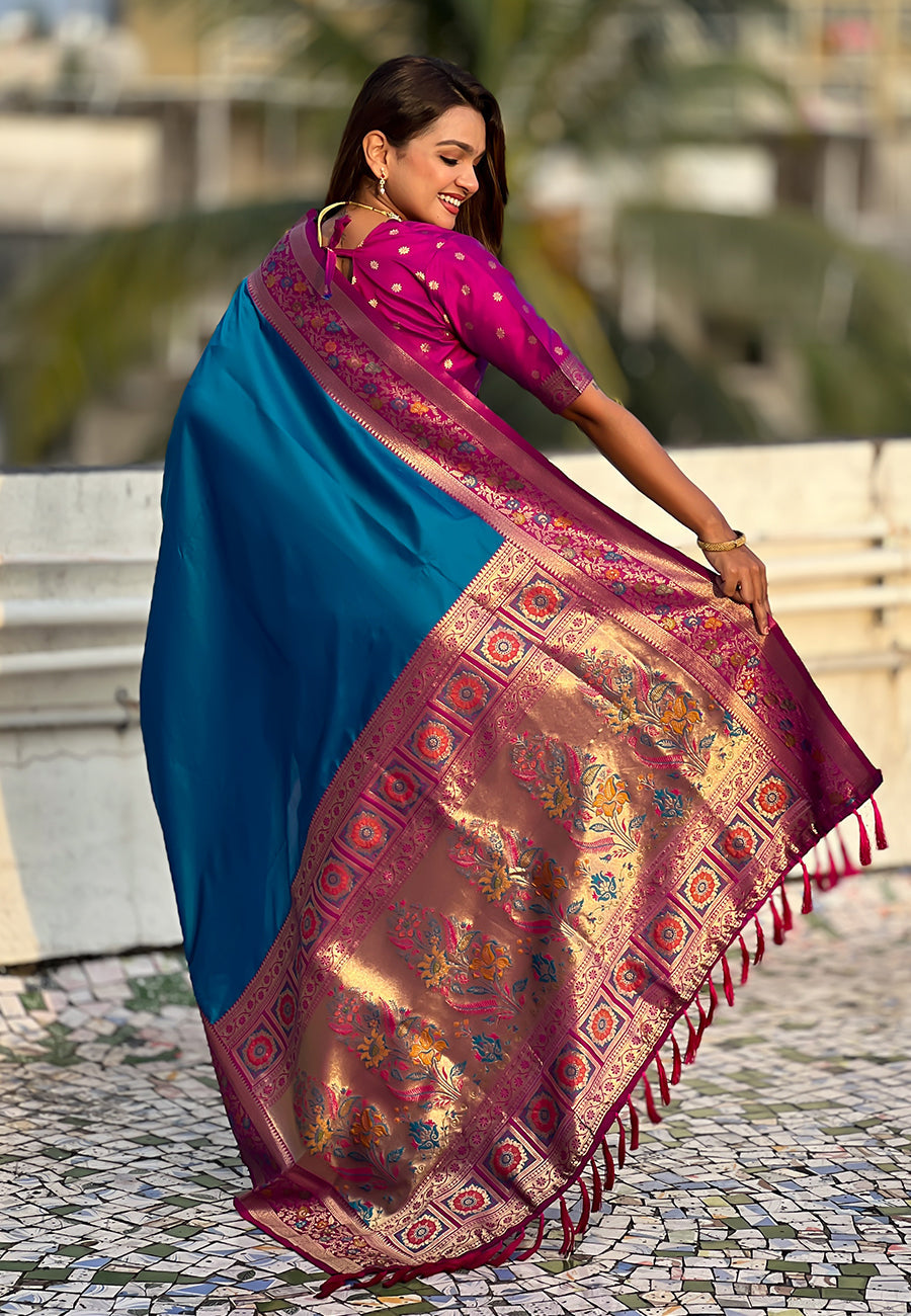 Blue Pure Gala Silk Paithani Pallu Kadiyal Zari Soft Silk Saree 