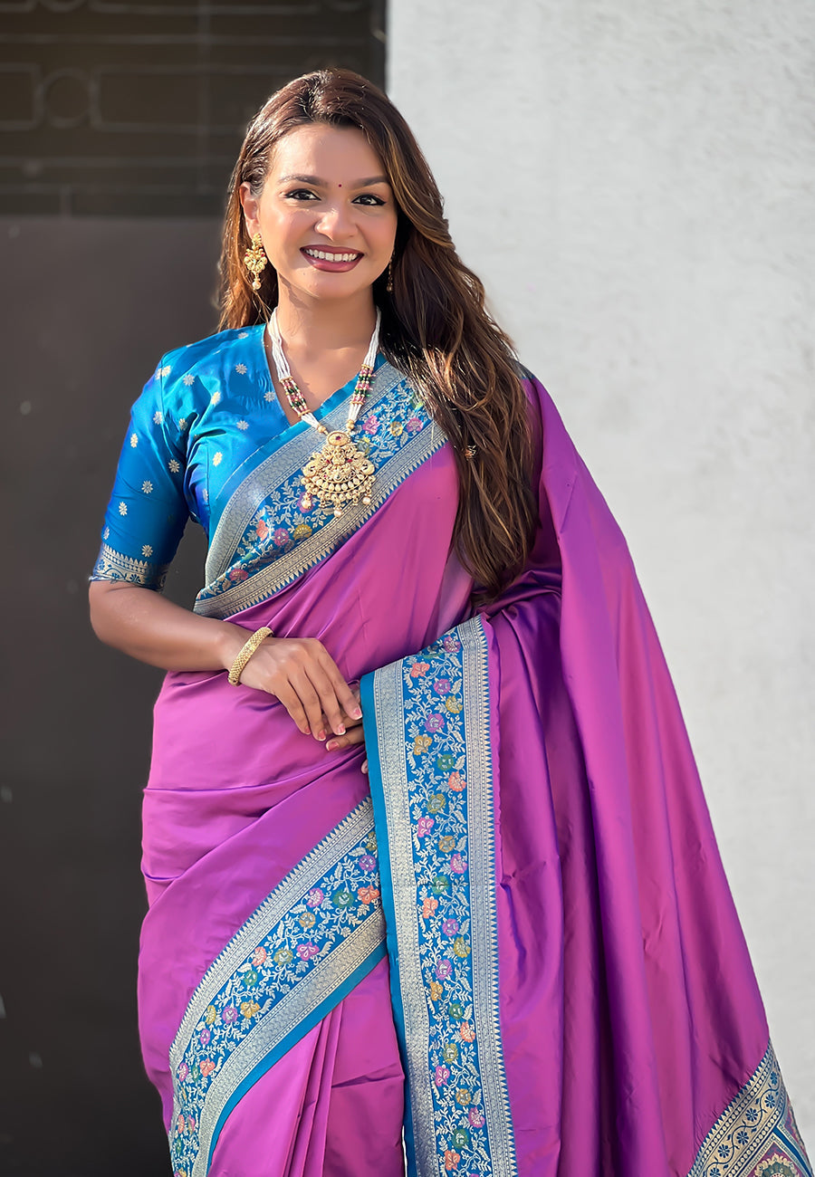 Lavender Pure Gala Silk Paithani Pallu Kadiyal Zari Soft Silk Saree 