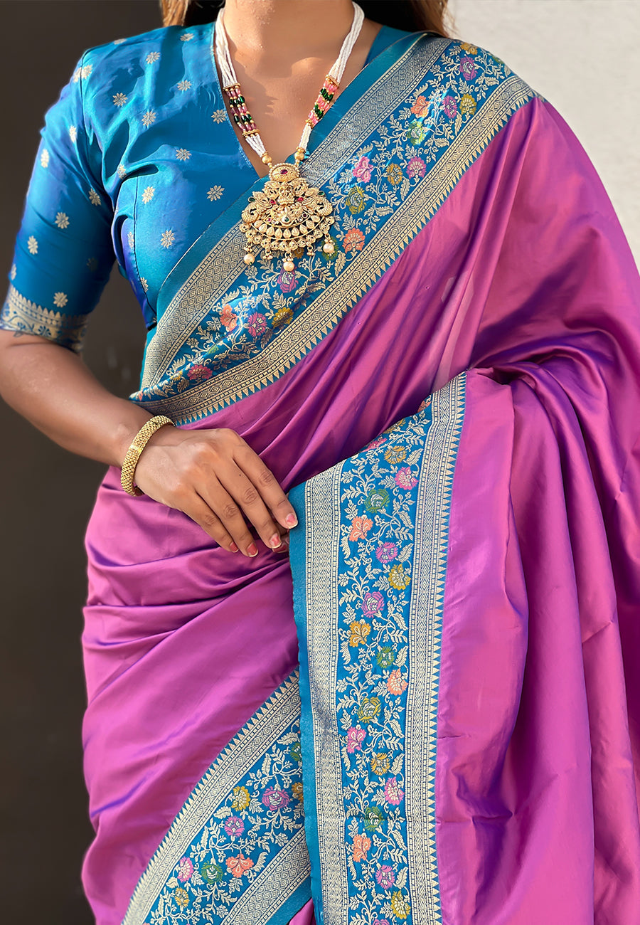 Lavender Pure Gala Silk Paithani Pallu Kadiyal Zari Soft Silk Saree 