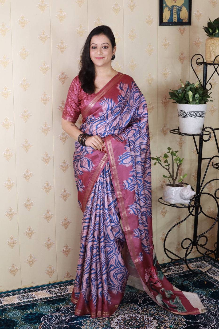 Pink Soft Tussar Silk Abstract Printed Zari Woven Saree Tussar Saree
