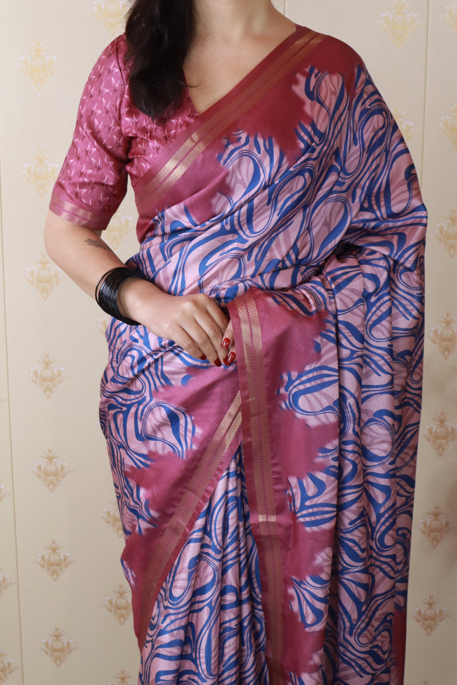 Pink Soft Tussar Silk Abstract Printed Zari Woven Saree Tussar Saree