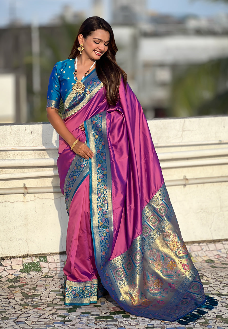 Lavender Pure Gala Silk Paithani Pallu Kadiyal Zari Soft Silk Saree 