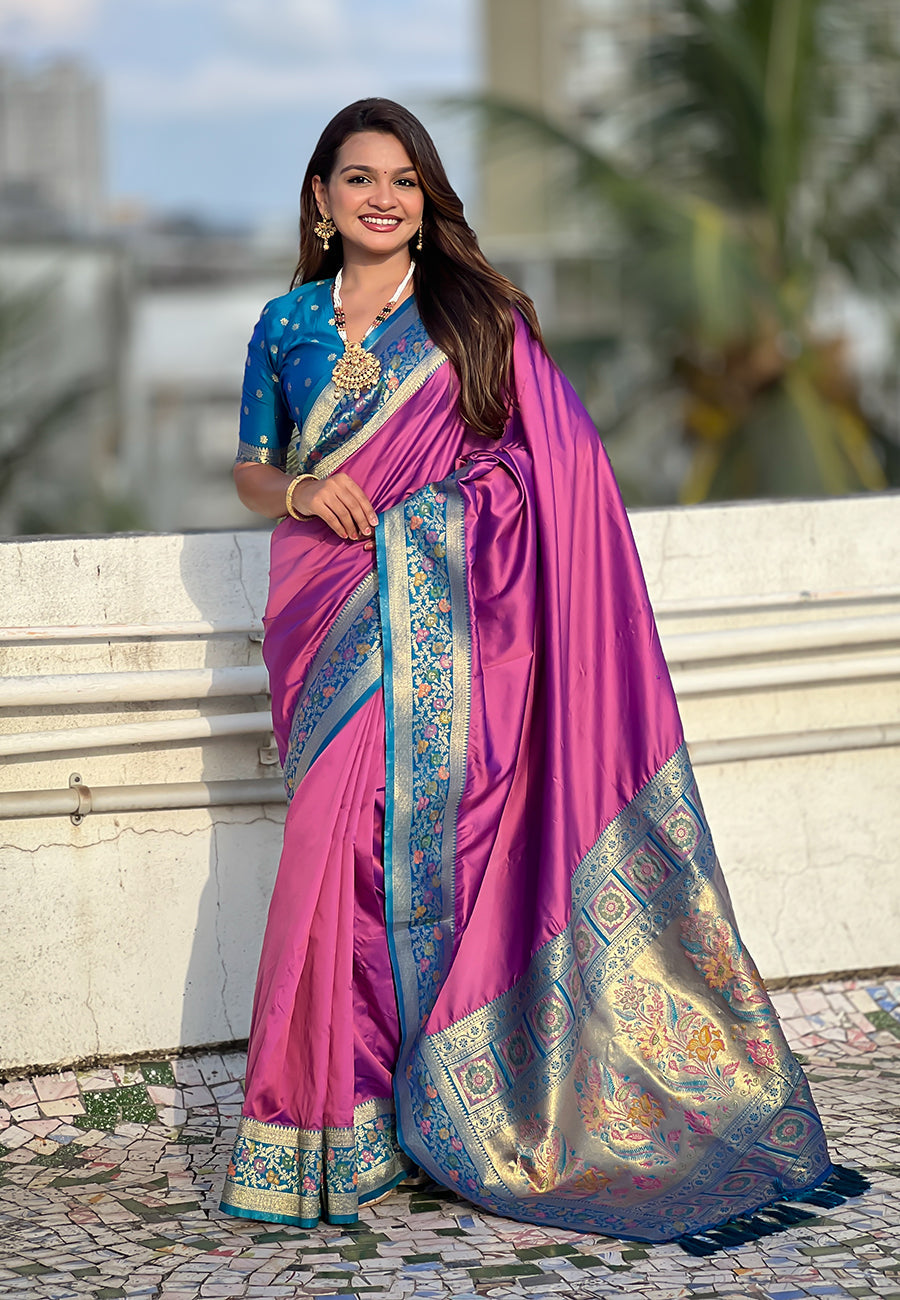 Lavender Pure Gala Silk Paithani Pallu Kadiyal Zari Soft Silk Saree 