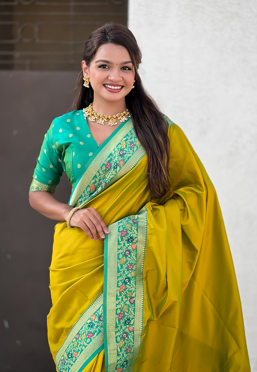 Mehendi Green Pure Gala Silk Paithani Pallu Kadiyal Zari Soft Silk Saree 