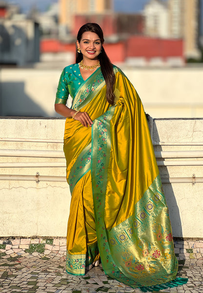 Mehendi Green Pure Gala Silk Paithani Pallu Kadiyal Zari Soft Silk Saree 