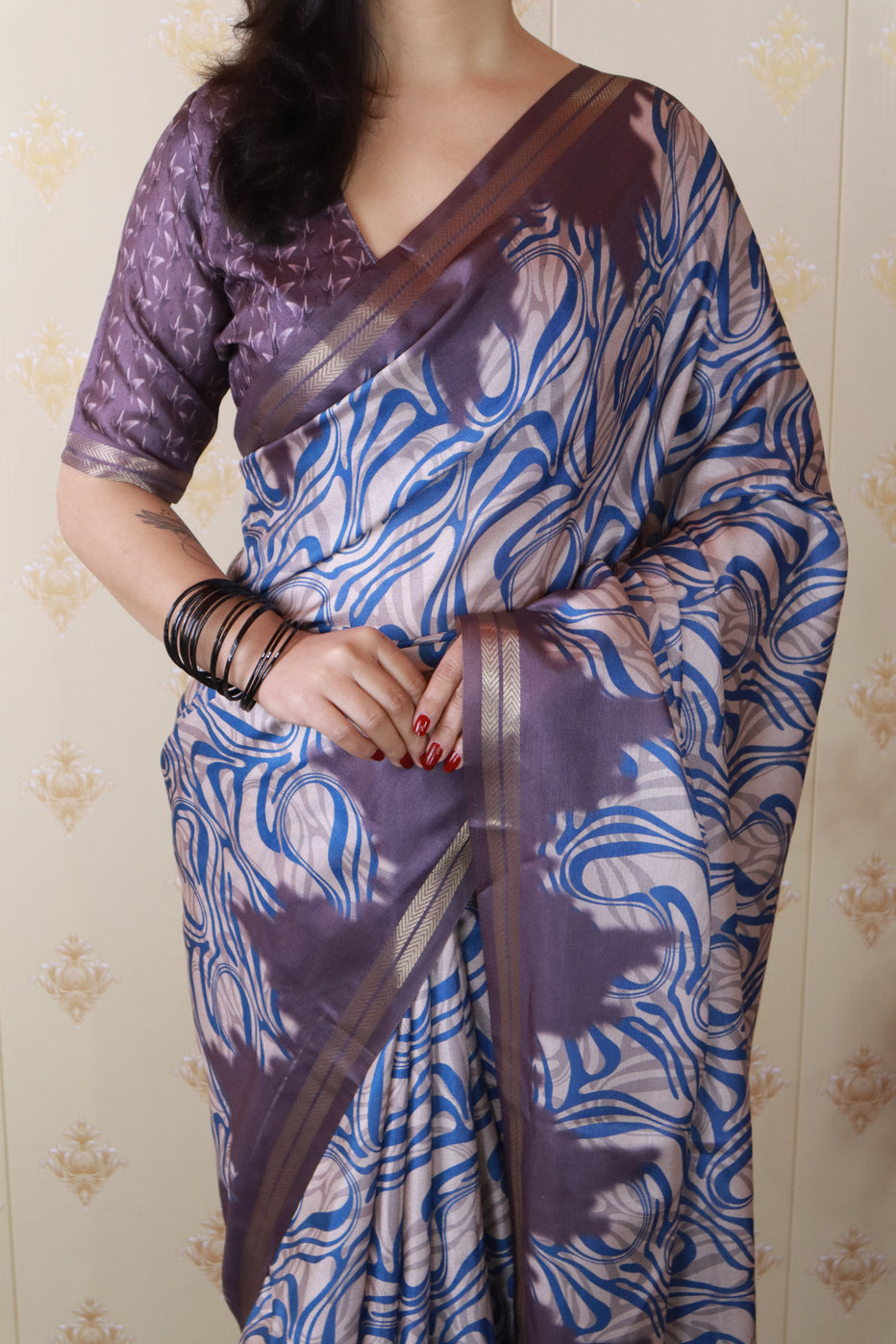 Grey Soft Tussar Silk Abstract Printed Zari Woven Saree Tussar Saree