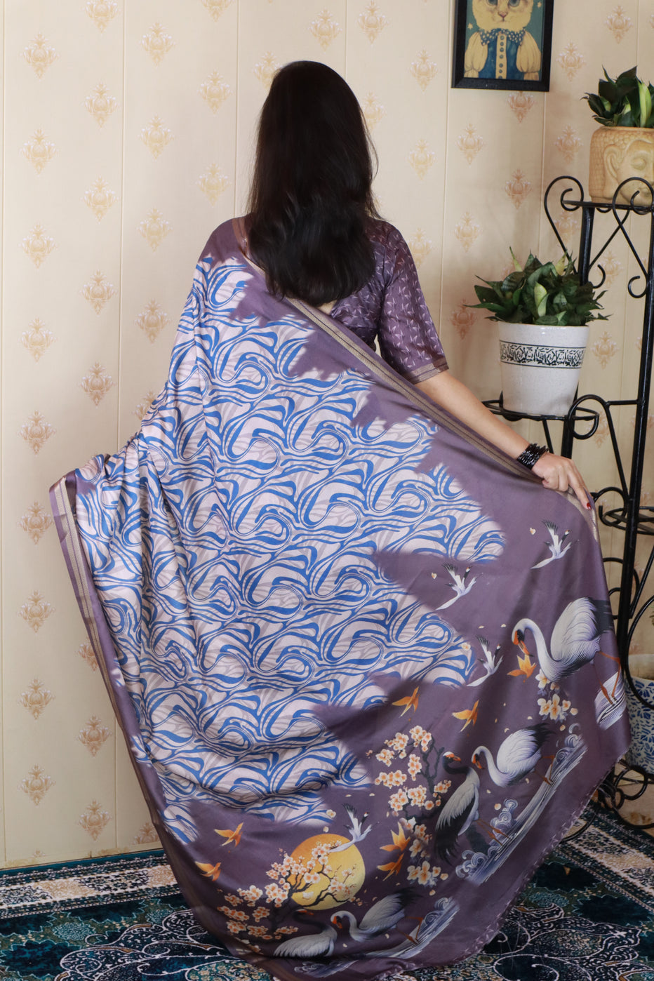 Grey Soft Tussar Silk Abstract Printed Zari Woven Saree Tussar Saree