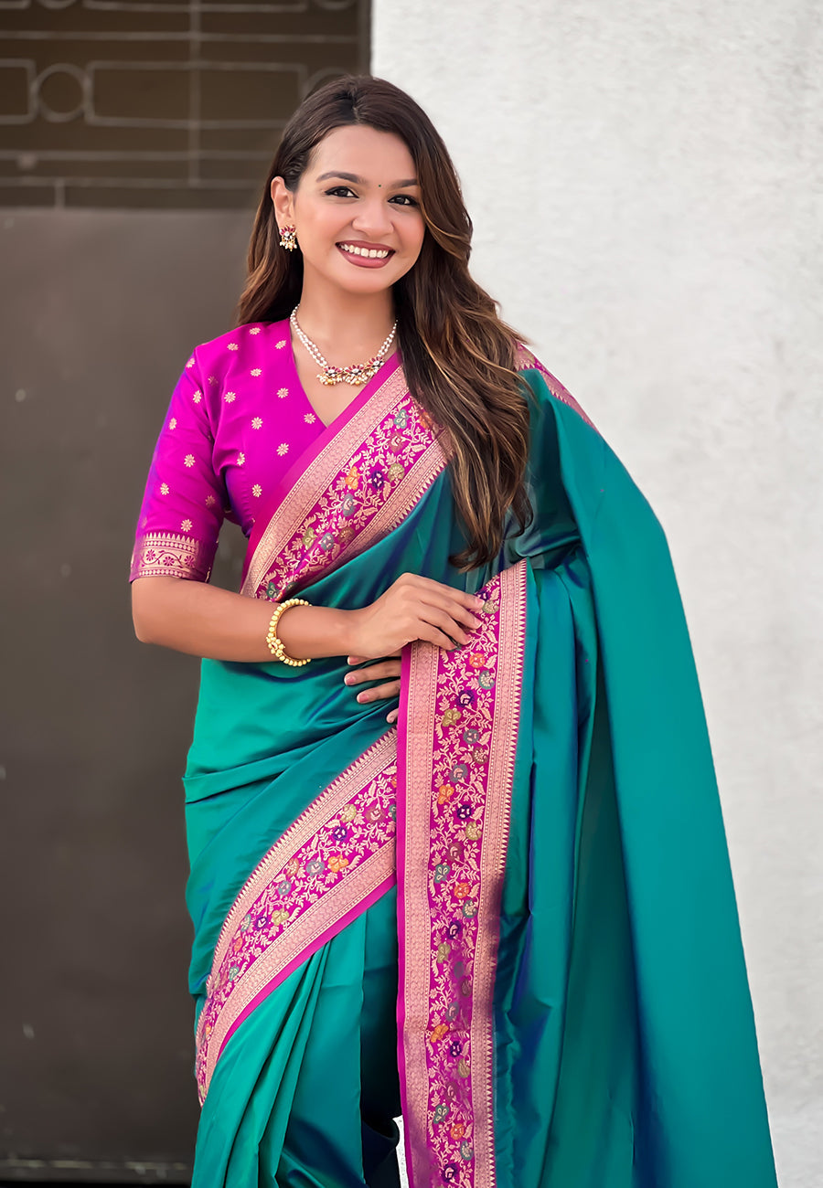 Green Pure Gala Silk Paithani Pallu Kadiyal Zari Soft Silk Saree 