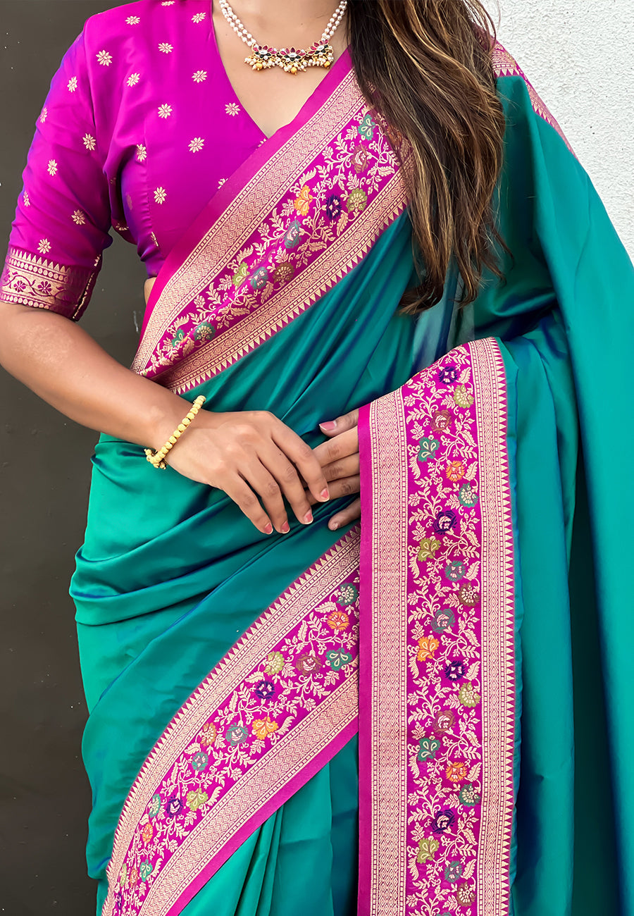 Green Pure Gala Silk Paithani Pallu Kadiyal Zari Soft Silk Saree 