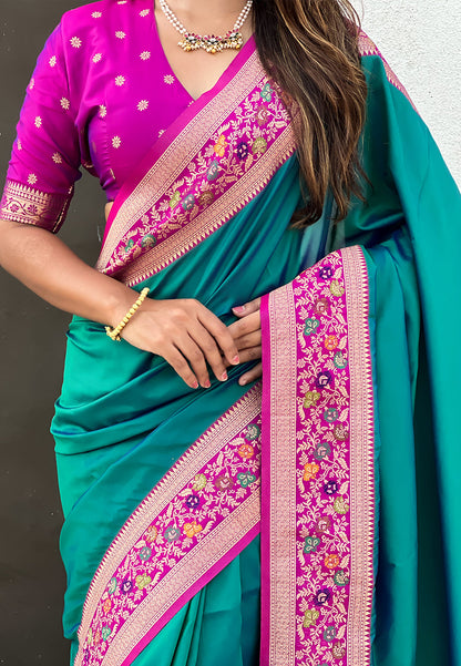 Green Pure Gala Silk Paithani Pallu Kadiyal Zari Soft Silk Saree 