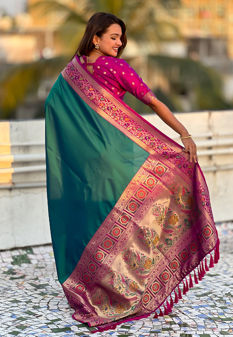 Green Pure Gala Silk Paithani Pallu Kadiyal Zari Soft Silk Saree 