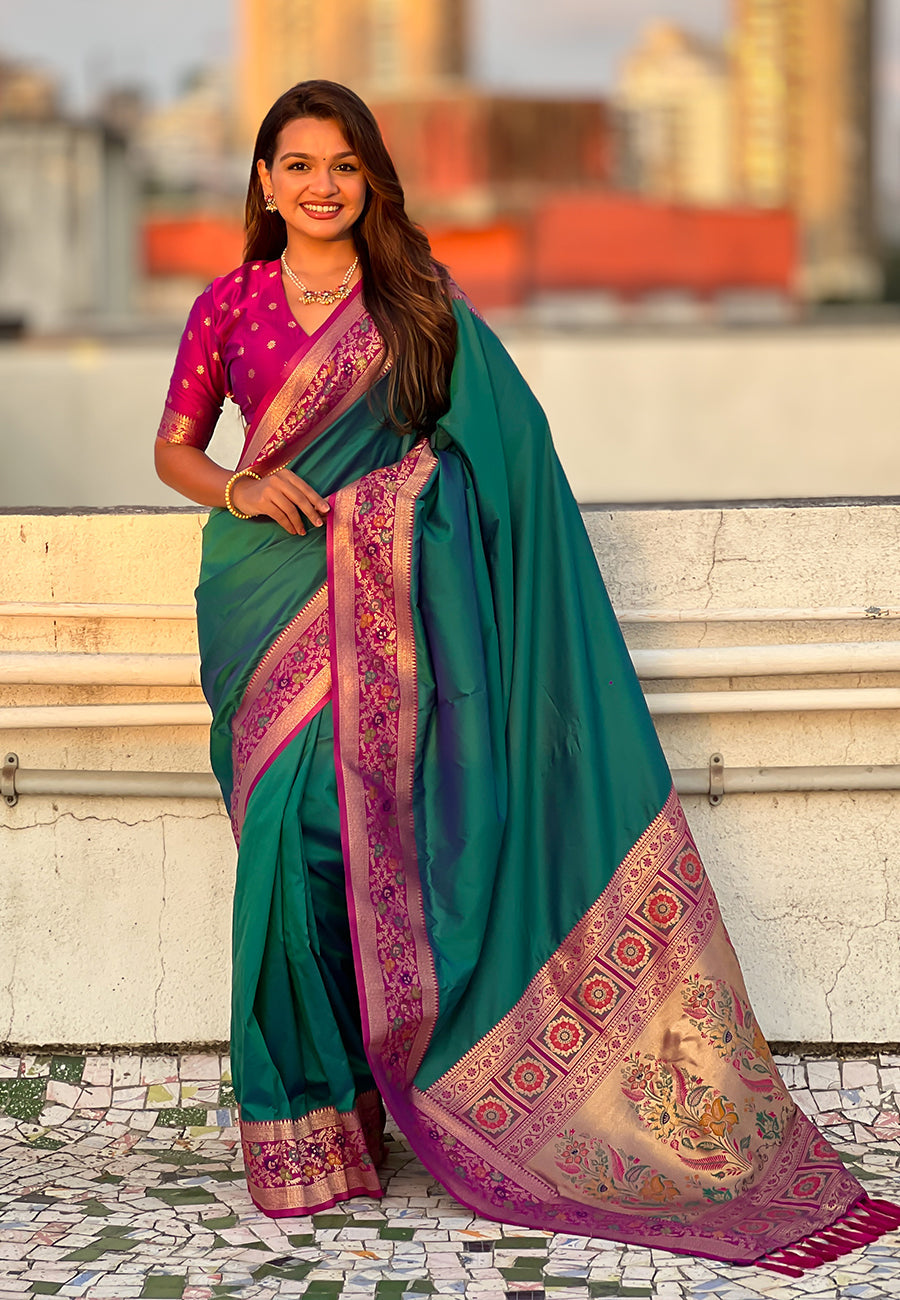 Green Pure Gala Silk Paithani Pallu Kadiyal Zari Soft Silk Saree 