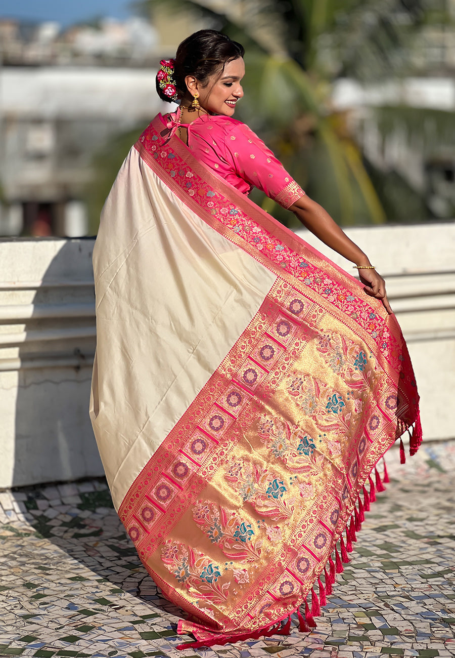Cream Pure Gala Silk Paithani Pallu Kadiyal Zari Soft Silk Saree 