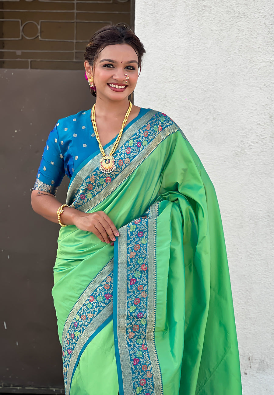 Pista Pure Gala Silk Paithani Pallu Kadiyal Zari Soft Silk Saree 