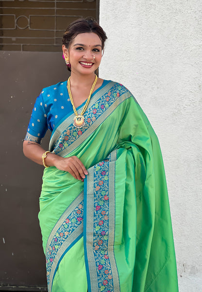 Pista Pure Gala Silk Paithani Pallu Kadiyal Zari Soft Silk Saree 