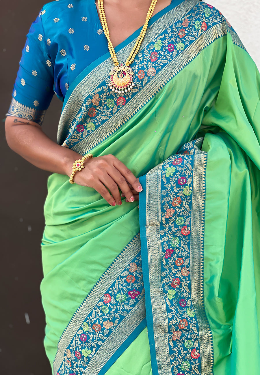 Pista Pure Gala Silk Paithani Pallu Kadiyal Zari Soft Silk Saree 
