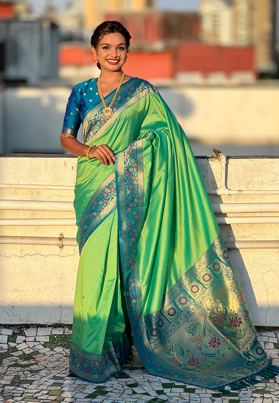Pista Pure Gala Silk Paithani Pallu Kadiyal Zari Soft Silk Saree 