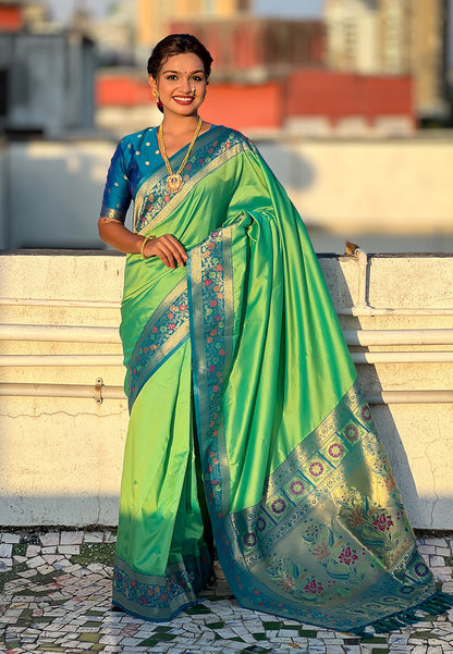 Pista Pure Gala Silk Paithani Pallu Kadiyal Zari Soft Silk Saree 