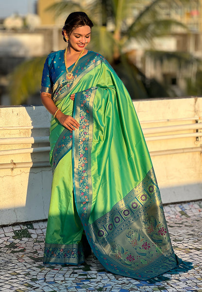 Pista Pure Gala Silk Paithani Pallu Kadiyal Zari Soft Silk Saree 