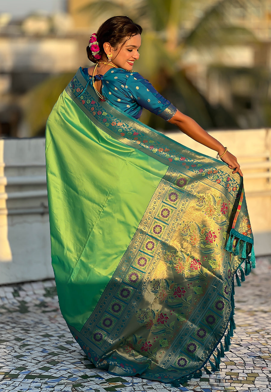 Pista Pure Gala Silk Paithani Pallu Kadiyal Zari Soft Silk Saree 