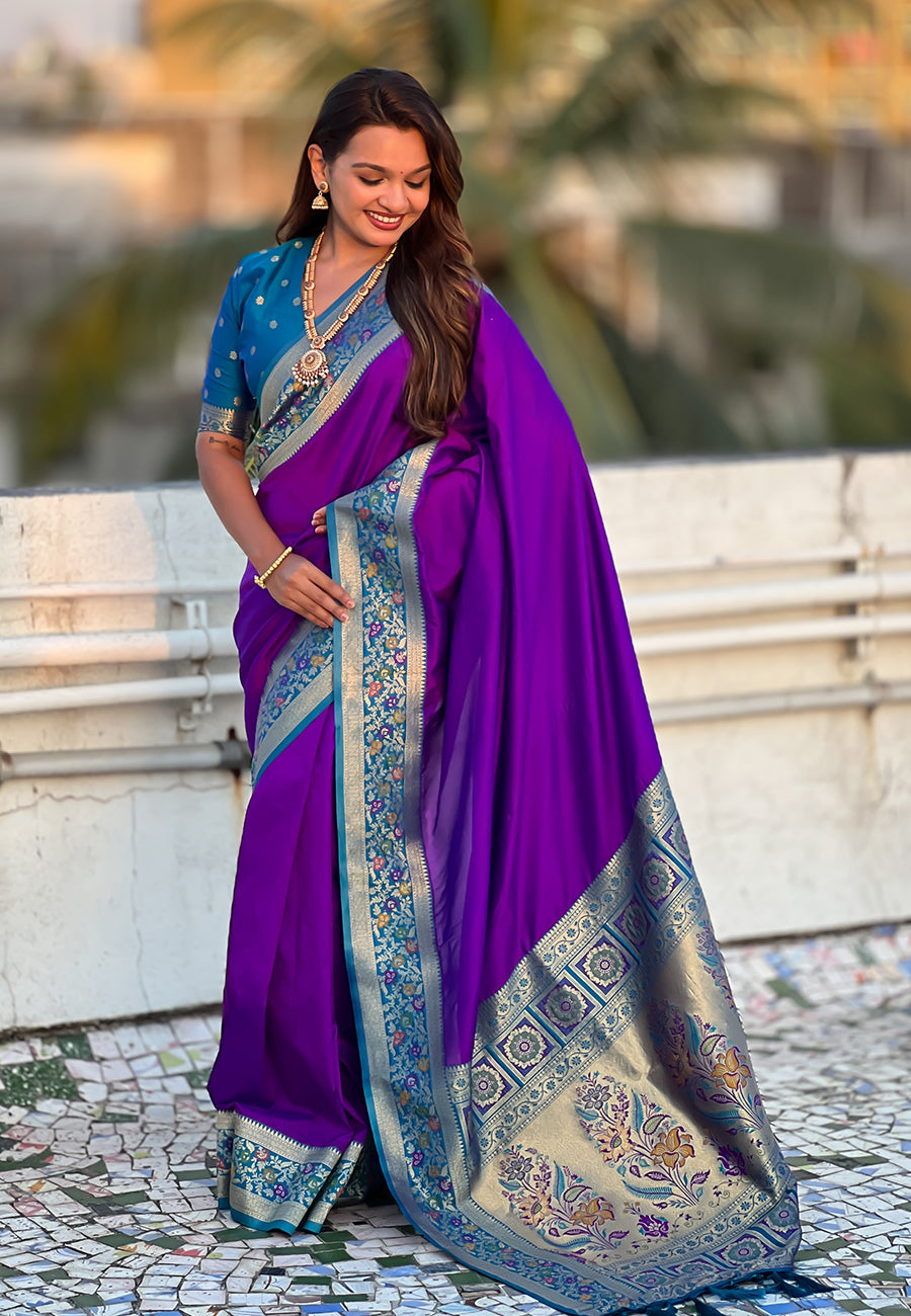 Purple Pure Gala Silk Paithani Pallu Kadiyal Zari Soft Silk Saree 