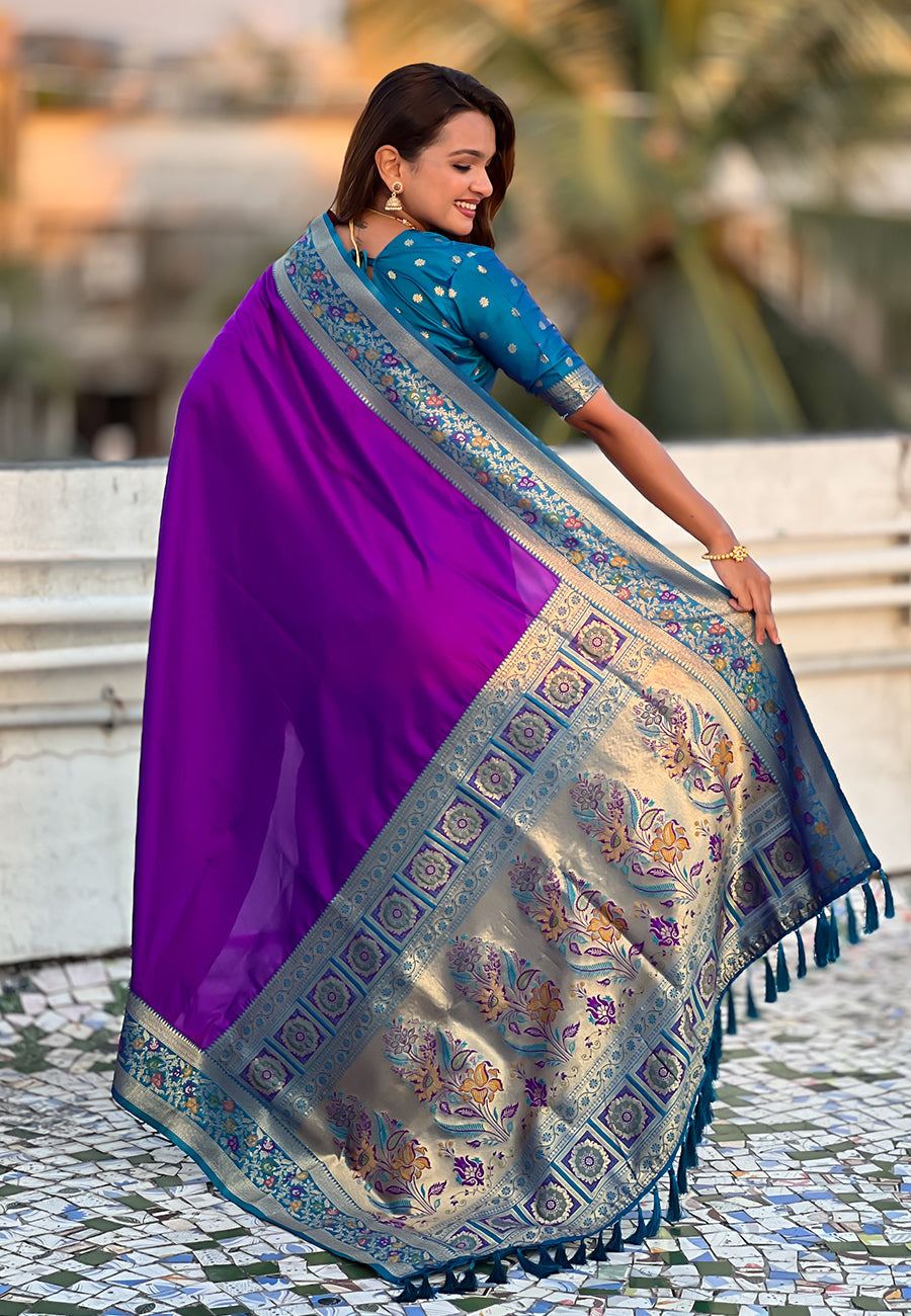 Purple Pure Gala Silk Paithani Pallu Kadiyal Zari Soft Silk Saree 