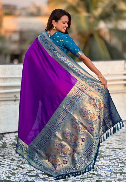 Purple Pure Gala Silk Paithani Pallu Kadiyal Zari Soft Silk Saree 