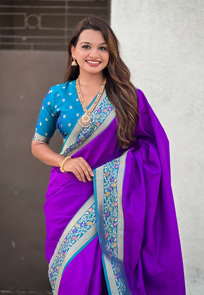 Purple Pure Gala Silk Paithani Pallu Kadiyal Zari Soft Silk Saree 