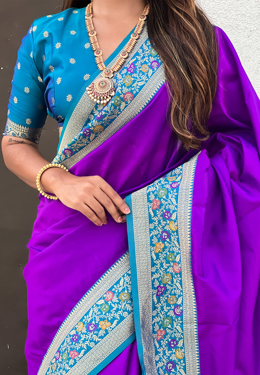 Purple Pure Gala Silk Paithani Pallu Kadiyal Zari Soft Silk Saree 