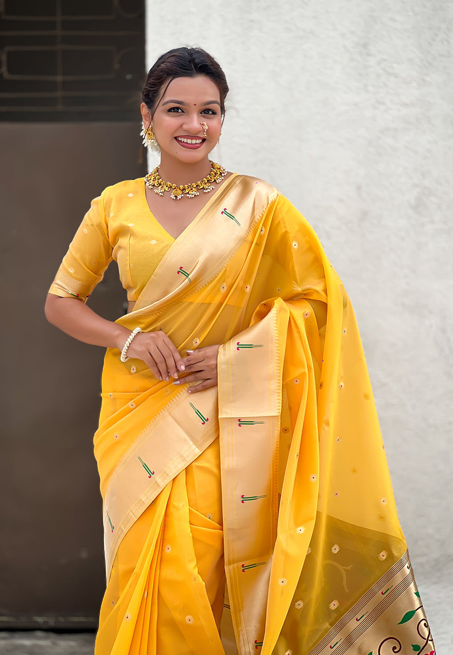 Yellow Organza Paithani Zari Organza Saree Organza Saree Anant Tex Exports Pvt.Ltd..