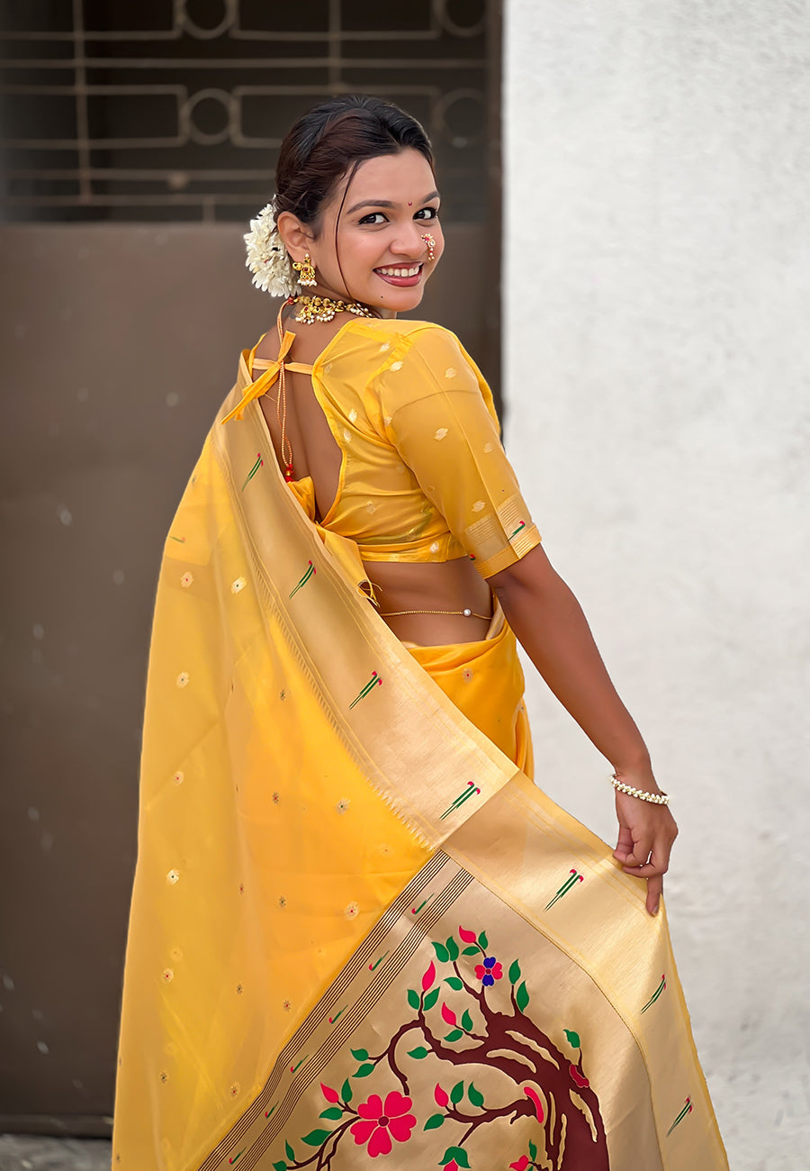 Yellow Organza Paithani Zari Organza Saree Organza Saree Anant Tex Exports Pvt.Ltd..