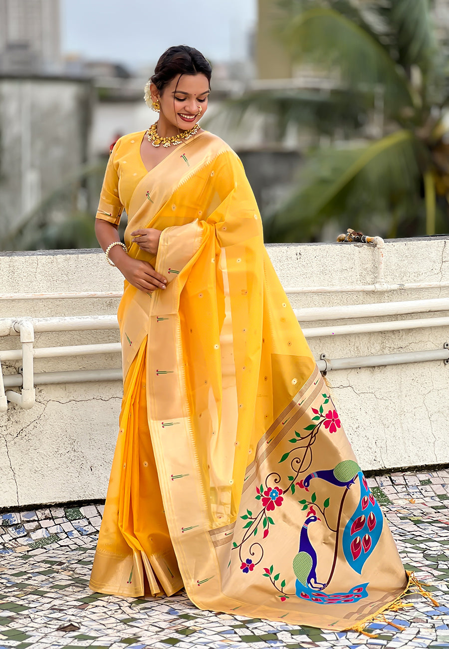 Yellow Organza Paithani Zari Organza Saree Organza Saree Anant Tex Exports Pvt.Ltd..
