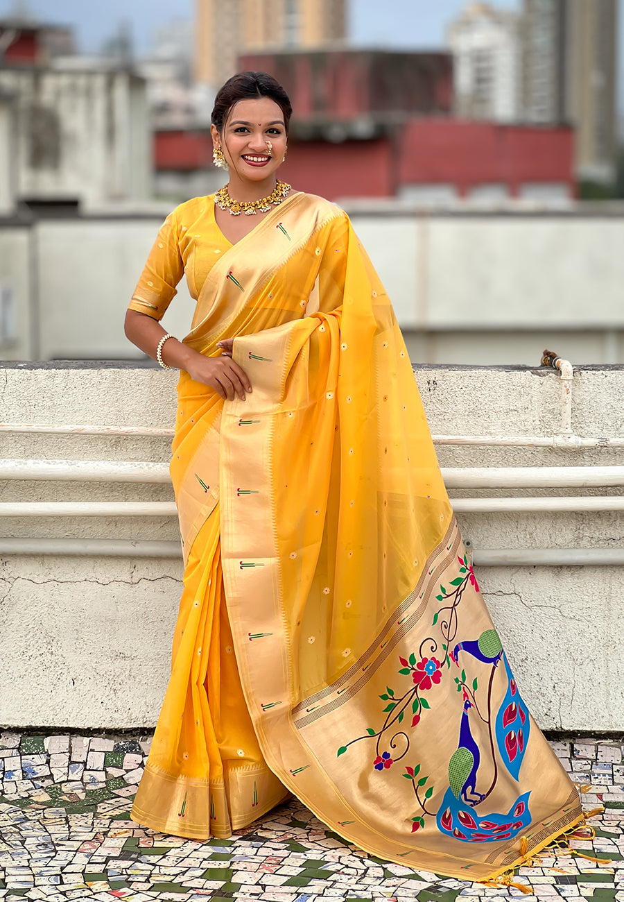 Yellow Organza Paithani Zari Organza Saree