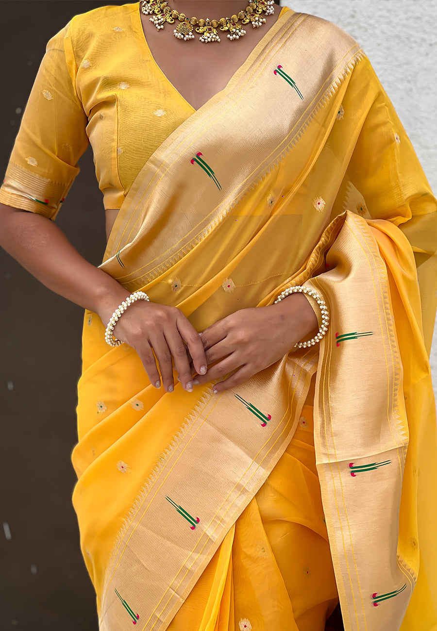 Yellow Organza Paithani Zari Organza Saree