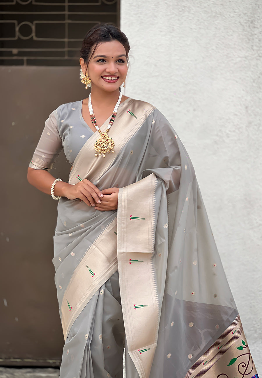 Grey Organza Paithani Zari Organza Saree