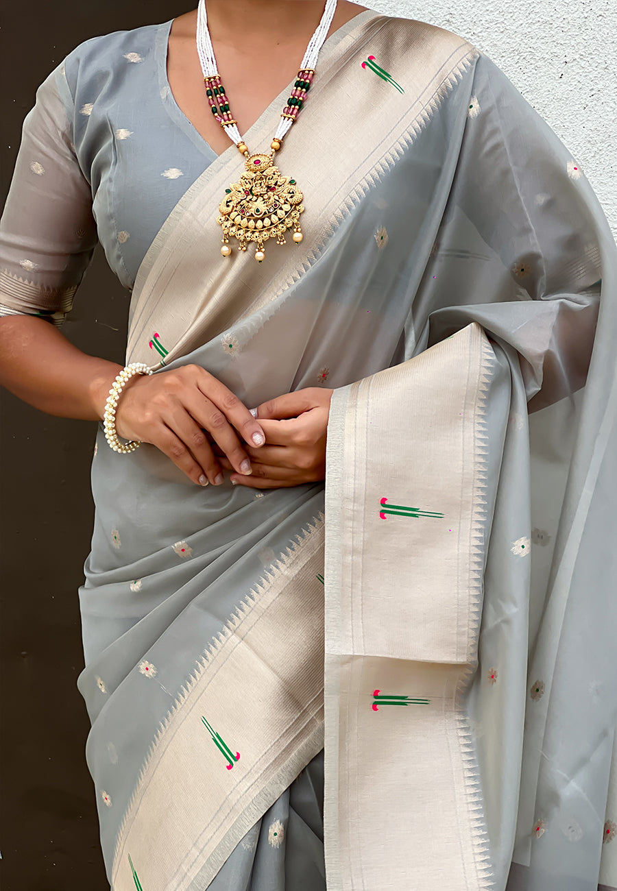 Grey Organza Paithani Zari Organza Saree