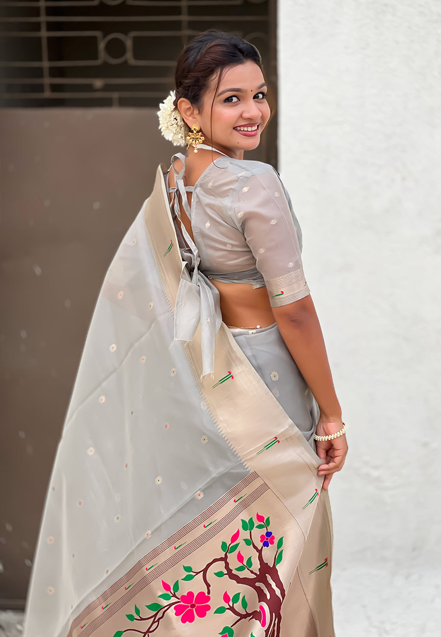 Grey Organza Paithani Zari Organza Saree