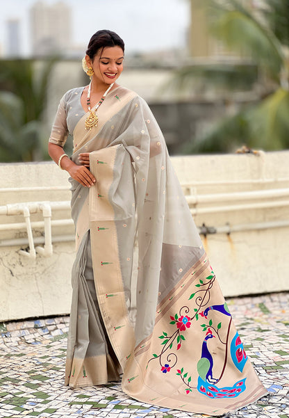 Grey Organza Paithani Zari Organza Saree Organza Saree Anant Tex Exports Pvt.Ltd..