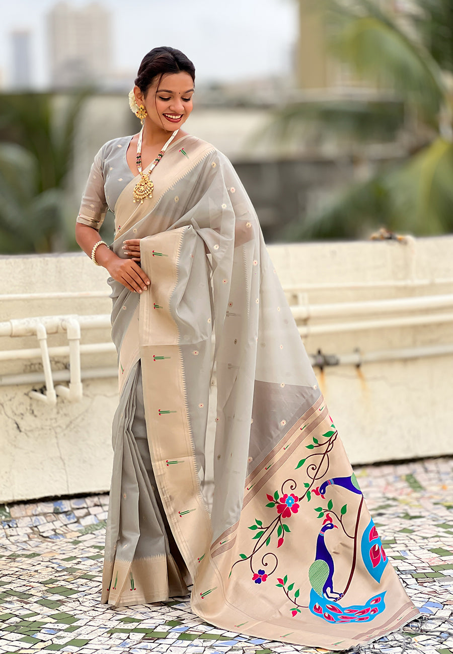 Grey Organza Paithani Zari Organza Saree
