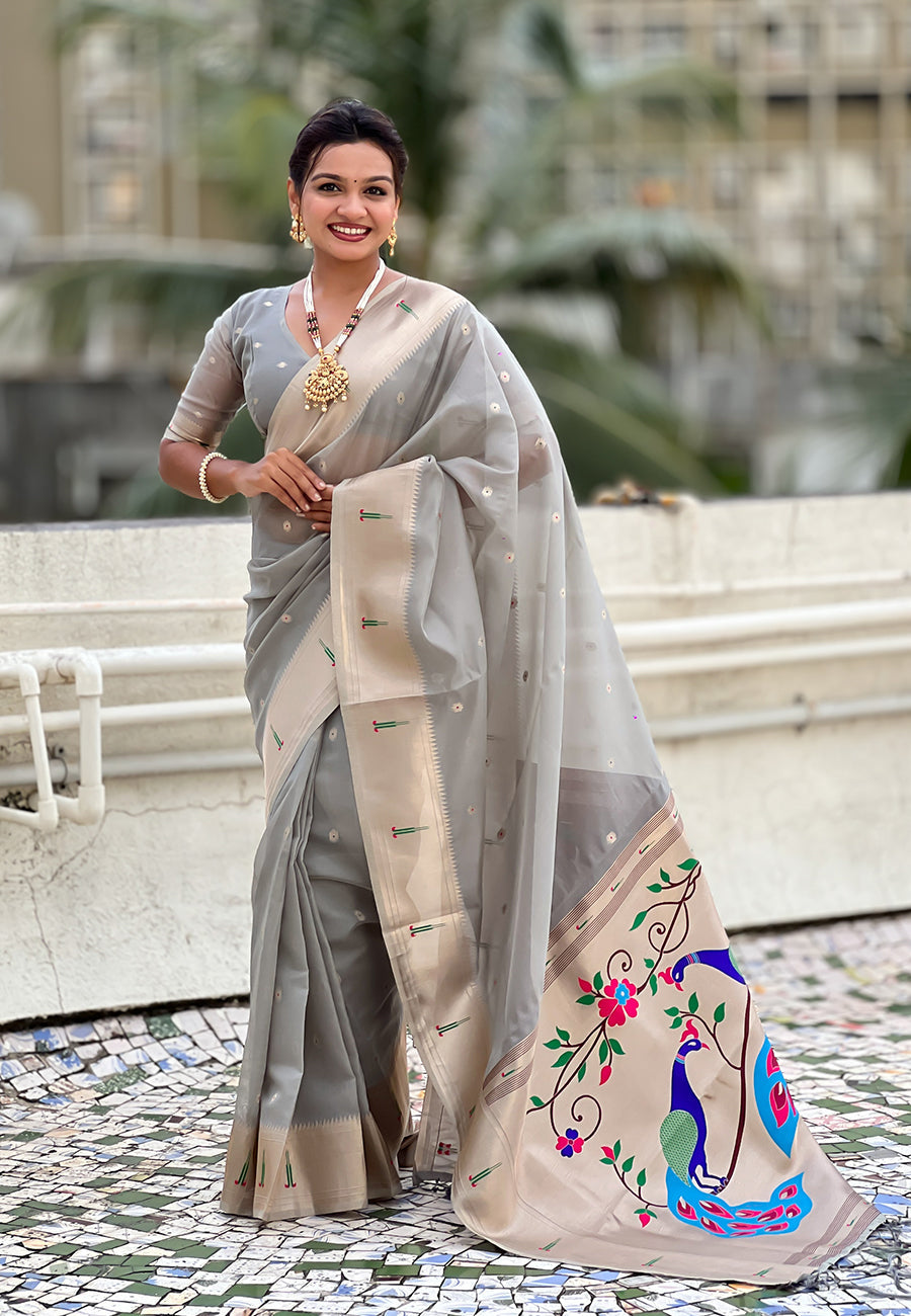 Grey Organza Paithani Zari Organza Saree