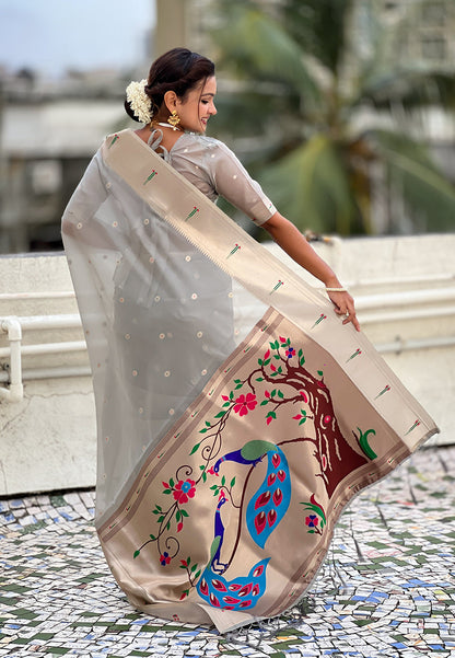 Grey Organza Paithani Zari Organza Saree Organza Saree Anant Tex Exports Pvt.Ltd..