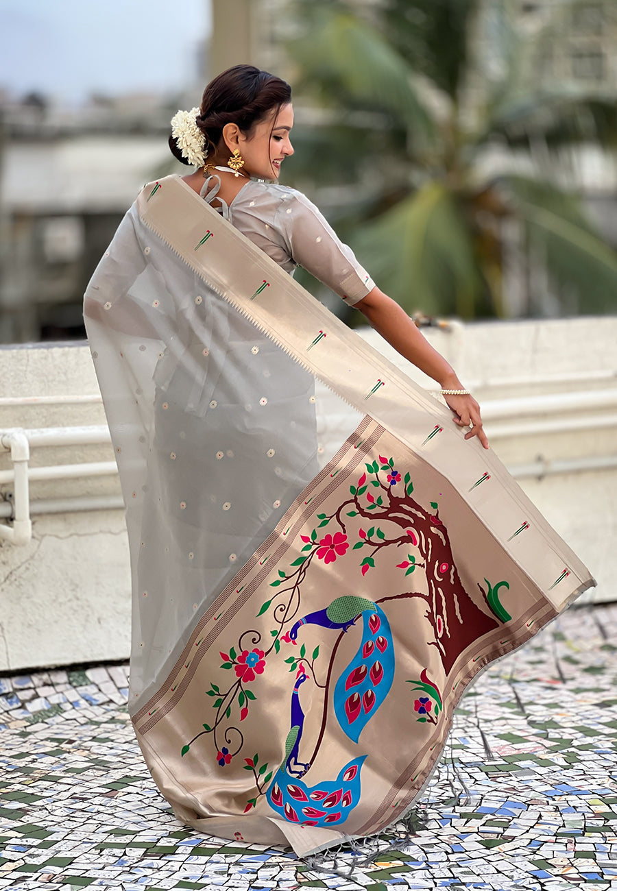 Grey Organza Paithani Zari Organza Saree
