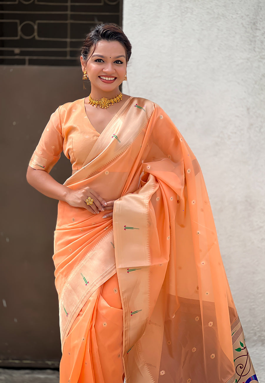Peach Organza Paithani Zari Organza Saree Organza Saree Anant Tex Exports Pvt.Ltd..