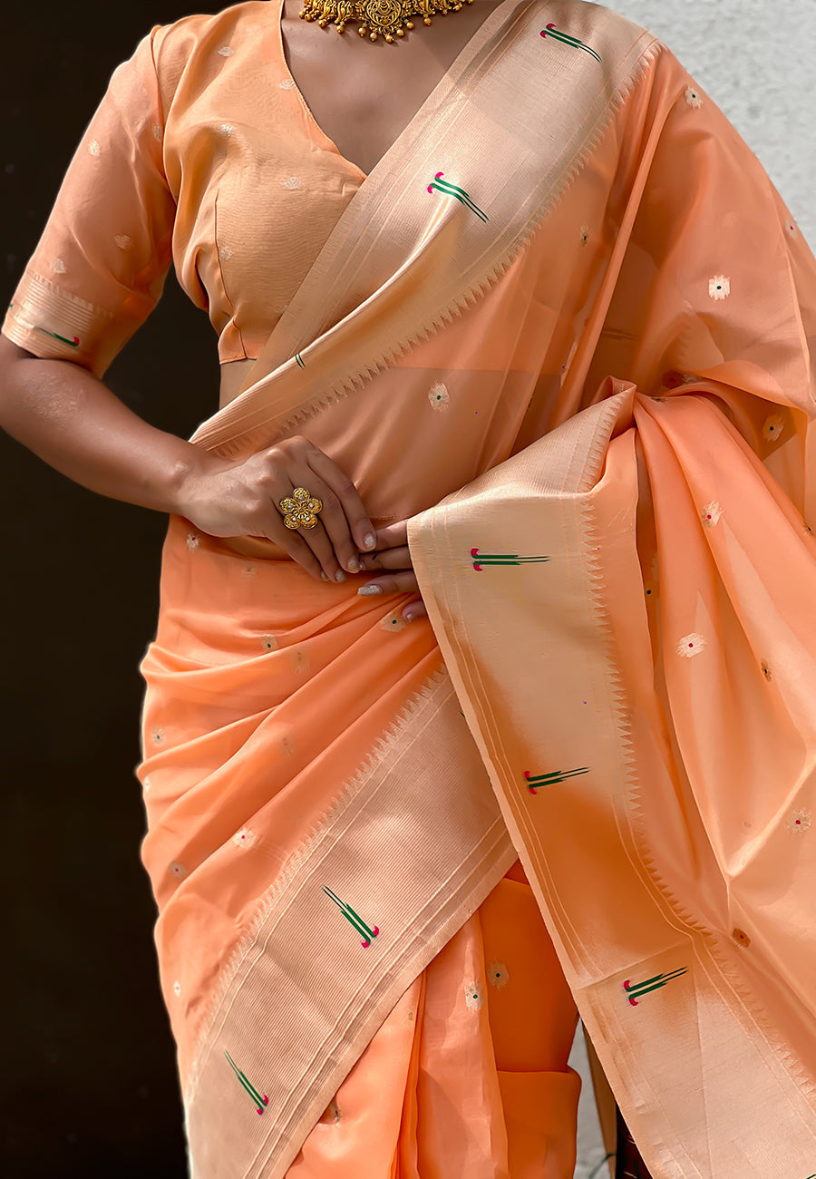 Peach Organza Paithani Zari Organza Saree Organza Saree Anant Tex Exports Pvt.Ltd..
