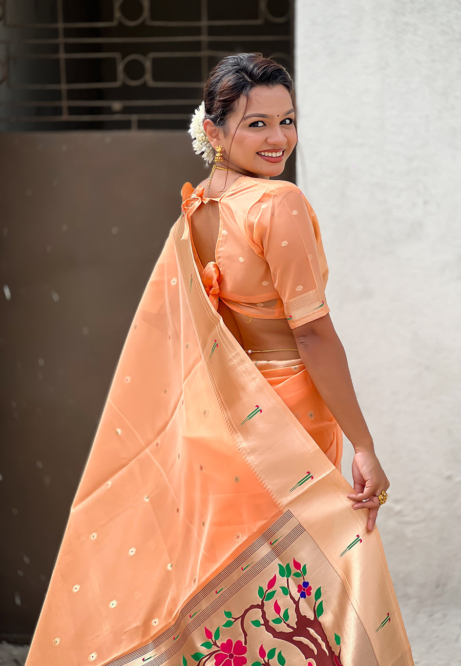 Peach Organza Paithani Zari Organza Saree